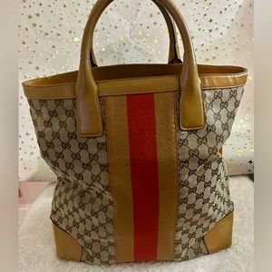 GUCCI GG Canvas Monogrammed Shopper Tote Bag Large Tan Leather trim, Orange/Tan